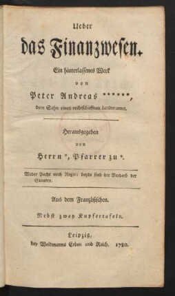 Über das Finanzwesen : ein hinterlassenes Werk