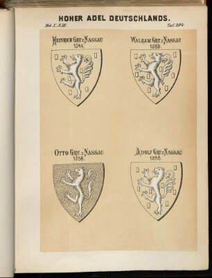 Taf. 204. Heinrich Grf. z. Nassau 1246. - Walram Grf. z. Nassau 1289. - Otto Grf. z. Nassau 1258. - Adolf Grf. z. Nassau 1288.