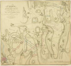 Militärische Übersichtskarte und Lageplan der Schlacht bei Roßbach (westlich von Leipzig) am 5. November 1757 (Siebenjähriger Krieg)
