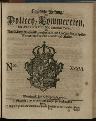 Nro. XXXVI, Montags, den 6. Septemb. 1734