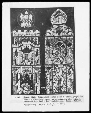 Fenster N VI, Kreuzigungsfenster, Felder: Kreuzigungsfenster, oberer Teil: Engel empfängt die Seele des linken Schächers Gesmans