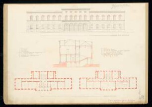 Gymnasium Monatskonkurrenz Dezember 1838: Grundriss Erdgeschoss, Obergeschoss, Aufriss Straßenansicht, Querschnitt; 2 Maßstabsleisten, Raumplan