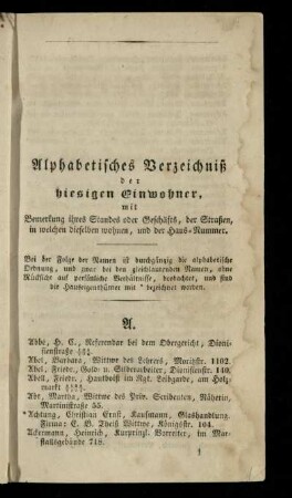 Alphabetisches Verzeichniß der hiesigen Einwohner