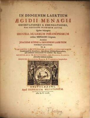 In Diogenem Laertium Aegidii Menagii Observationes & Emendationes : Hac Editione Plurimum Auctae. [2]