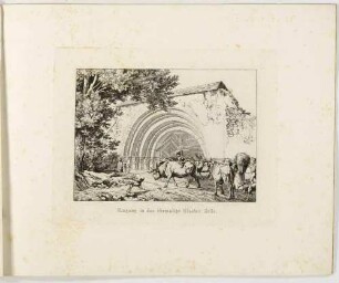 Das romanische Rundbogenportal, Eingang in das ehemalige Kloster Altzella bei Nossen, im Vordergrund eine Kuhherde und Bauern; Blatt 4 aus Zehn Ansichten merkwürdiger Gegenden in Sachsen von Ludwig Richter