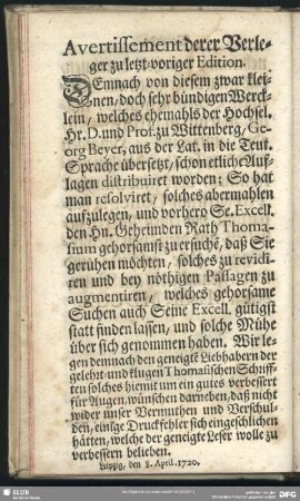 Avertissement derer Verleger zu letzt-voriger Edition