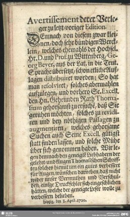 Avertissement derer Verleger zu letzt-voriger Edition
