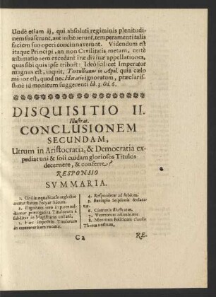 [...] Disquisitio II. Illustrat. Conclusionem Secundam, [...] Responsio Summaria.