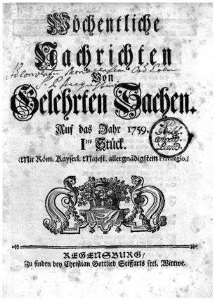 1759: Wöchentliche Nachrichten von gelehrten Sachen auf das Jahr 1759