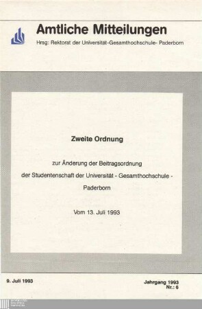 Zweite Ordnung zur Änderung der Beitragsordnung der Studentenschaft der Universität - Gesamthochschule - Paderborn : vom 13. Juli 1993