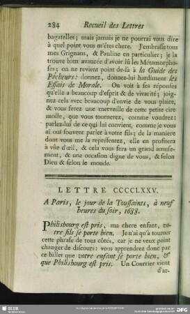 Lettre CCCCLXXV. A Paris, le jour de la Toussaints, à neuf heures du soir, 1688