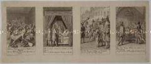 Unzerschnittener Papierbogen mit den Szenen 1-4 (von 12) aus der mittleren und neueren Geschichte des Gothaer Almanachs von 1793