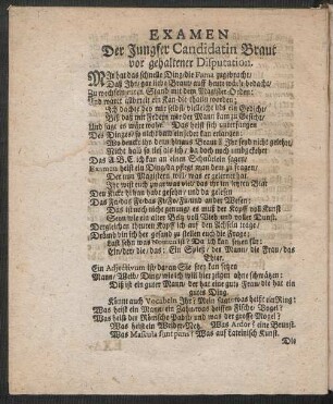 Examen Der Jungfer Candidatin Braut vor gehaltener Disputation.