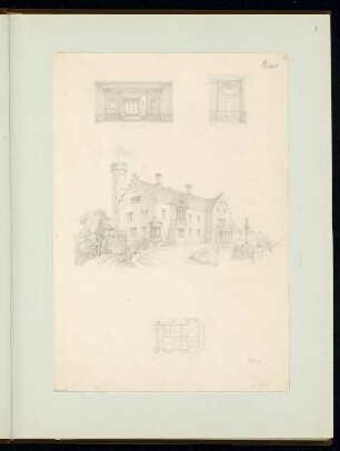 Erker Monatskonkurrenz Februar 1851: Grundriss; perspektivische Gesamtansicht von außen, zwei perspektivische Ansichten der beiden Erker von innen; Maßstabsleiste
