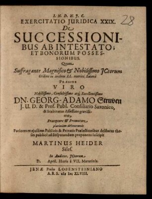 Exercitatio Iuridica XXIX. De Successionibus Ab Intestato; Et Bonorum Possessionibus