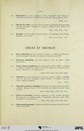 Sièges et Meubles (Nr. 59-113) avec planche
