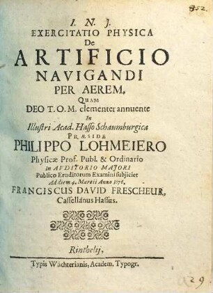 Exercitatio Physica De Artificio Navigandi Per Aerem