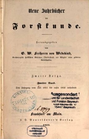 Neue Jahrbücher der Forstkunde. 2. 1851/52 (1852)