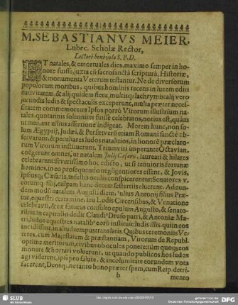 M. Sebastianus Meier, Lubec. Scholae Rector, Lectori benevolo S. P. D.