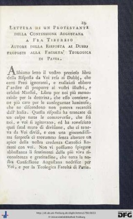 Lettera di un Protestante della Confessione Augustana a Fra Tiburzio Autore della Risposta ai Dubbi porposti alla Facolta' Teologica di Pavia.