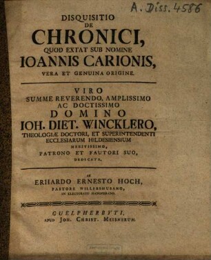 Disquisitio de chronici, quod extat sub nomine Ioannis Carionis, vera et genuina origine