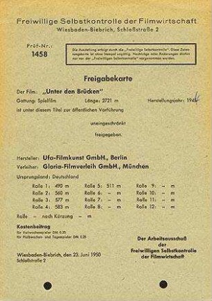 Freigabekarte der Freiwilligen Selbstkontrolle der Filmwirtschaft
