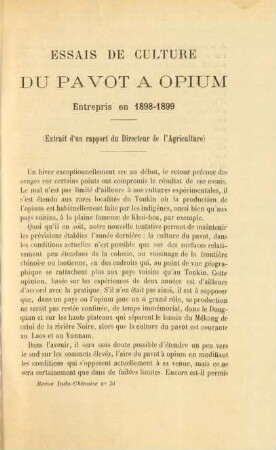 Essais de culture du pavot a opium entrepris en 1898 - 1899
