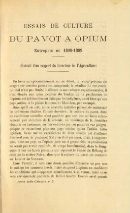 Essais de culture du pavot a opium entrepris en 1898 - 1899