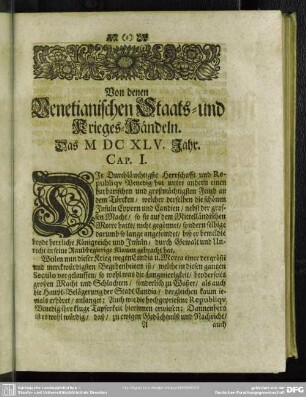 Von denen Venetianischen Staats- und Krieges-Händeln. Das MDCXLV. Jahr