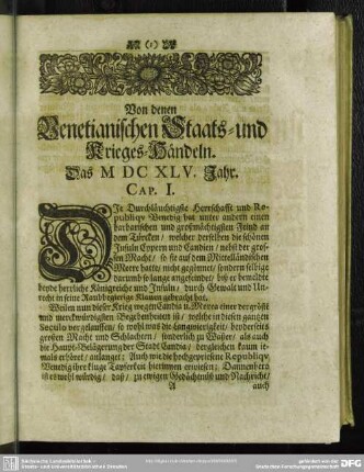 Von denen Venetianischen Staats- und Krieges-Händeln. Das MDCXLV. Jahr