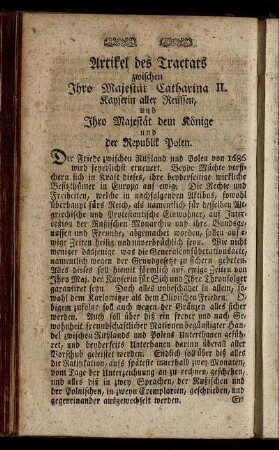 Artikel des Tractats zwischen Ihro Majestät Catharina II. Kayserin aller Reussen, und Ihro Majestät dem Könige und der Republik Polen.