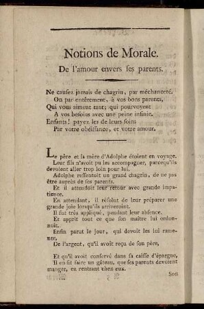 Notions de Morale. De l´amour envers ses parents. = Moralische Begriffe. Liebe gegen Aeltern.