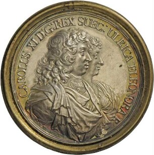 Medaille mit Messingring von Anton Meybusch auf die Hochzeit König Karl XI. von Schweden mit Ulrike Eleonore von Dänemark, 1680