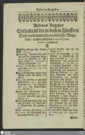 Anderes Register Enthaltend die in diesem Fünfften Theil vorkommende vornehmste Materien, in ihre gehörige Locos Communes engetheilt