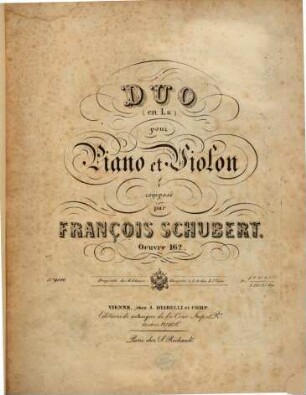 Duo : (en La) ; pour piano et violon ; oeuv. 162