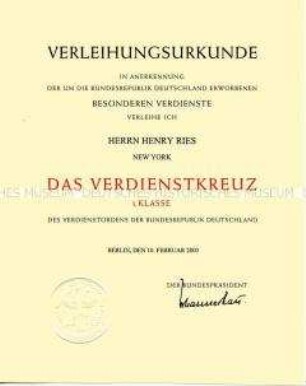 Verleihungsurkunde zum "Verdienstkreuz I. Klasse des Verdienstordens der Bundesrepublik Deutschland" - Nachlass