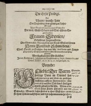 Die Erste Predigt. Der Theure/ werthe Todt Der Tugendbegabten/ gläubigen Rahel.