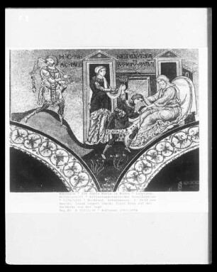 Mosaikprogramm — Bilder im Langhaus — Altes Testament — Nordwand, Arkadenzone, 6. Feld von Westen: Isaak segnet Jakob; links Esau auf der Rückkehr von der Jagd