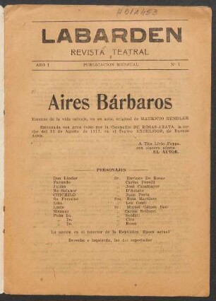 1920000100: Aires bárbaros : escenas de la vida salvaje, en un acto