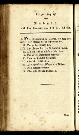 Kurzer Begriff vom Inhalt, und der Einrichtung des III. Theils.