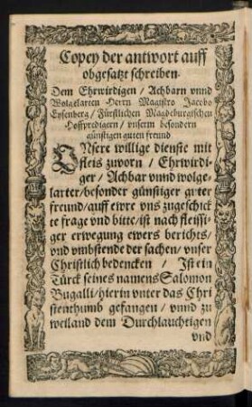 Copey der antwort auff obgesatzt schreiben.