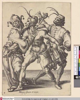[Drei tanzende Maskierte, einer von ihnen ein Narr ; Three Dancing Mummers, Including a Jester]