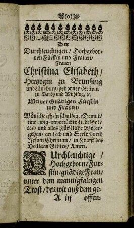 Der Durchleuchtigen [...] Frauen Christina Elisabeth/ Hertzogin zu Brunswig und Lüneburg [...]