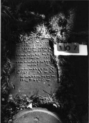Grabstein 107 (Index: 99796490) Material: Sandstein Zustand: leicht verwittert Maße HxBxT: 0x0x0 cm Beschreibung: Fragment: Grabstein 107