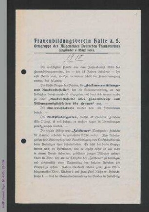 Bericht des Frauenbildungsvereins Halle - Ortsgruppe des ADF 1910-1911