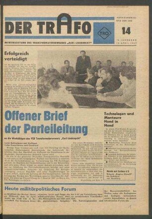 TRO-Betriebszeitung 'Der Trafo'; Nr. 14/1967 (12. April 1967 )