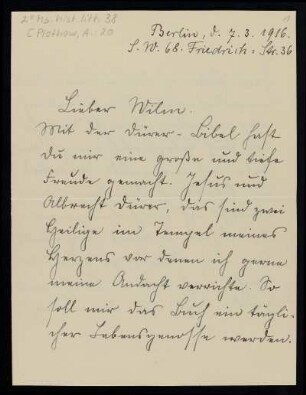 Brief von Anna Plothow an Wilhelm Schwaner