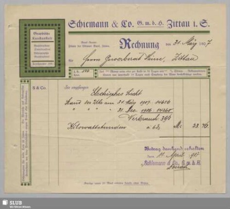 Schiemann & Co. G.m.b.H., Zittau i. S., Graphische Kunstanstalt : Rechnung