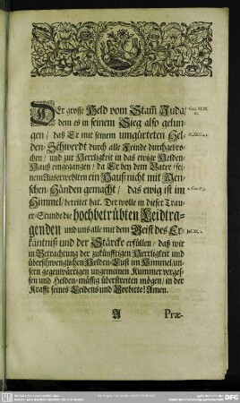 Leichenpredigt : Das Helden-Hauß der Auserwehlten, Praeloquium, Textus, Exordium, Propositio, Tractatio