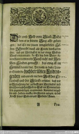 Leichenpredigt : Das Helden-Hauß der Auserwehlten, Praeloquium, Textus, Exordium, Propositio, Tractatio